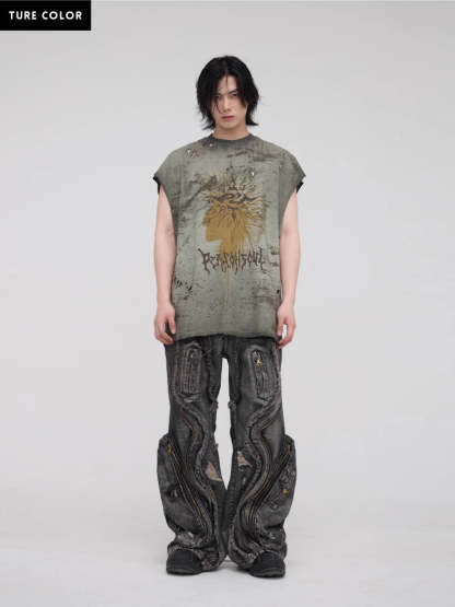 Personsoul Dirty Ripped Denim Baggy Jeans-IYAMIUIO