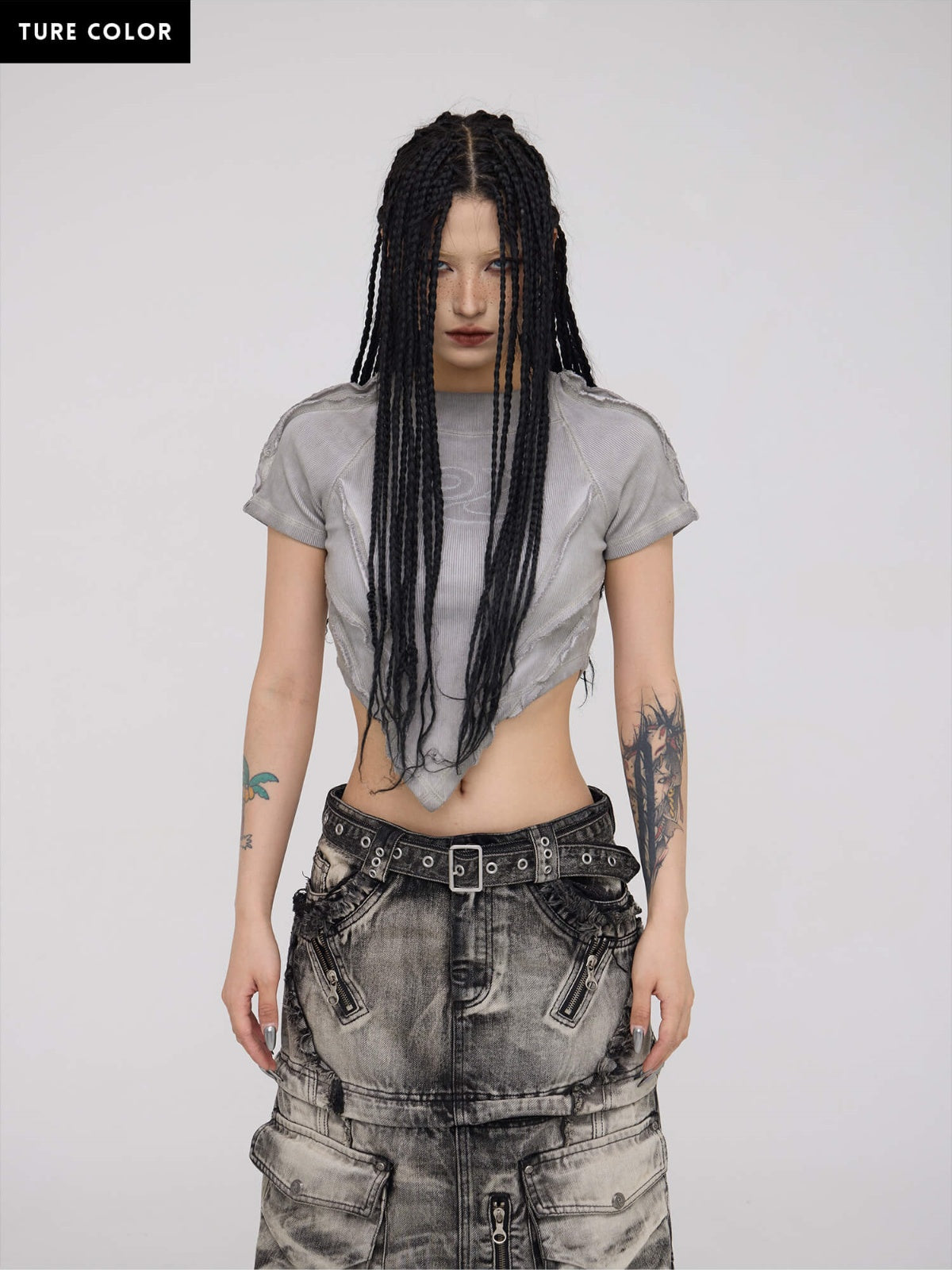 Personsoul Grey V-hem Slim Crop Top-IYAMIUIO