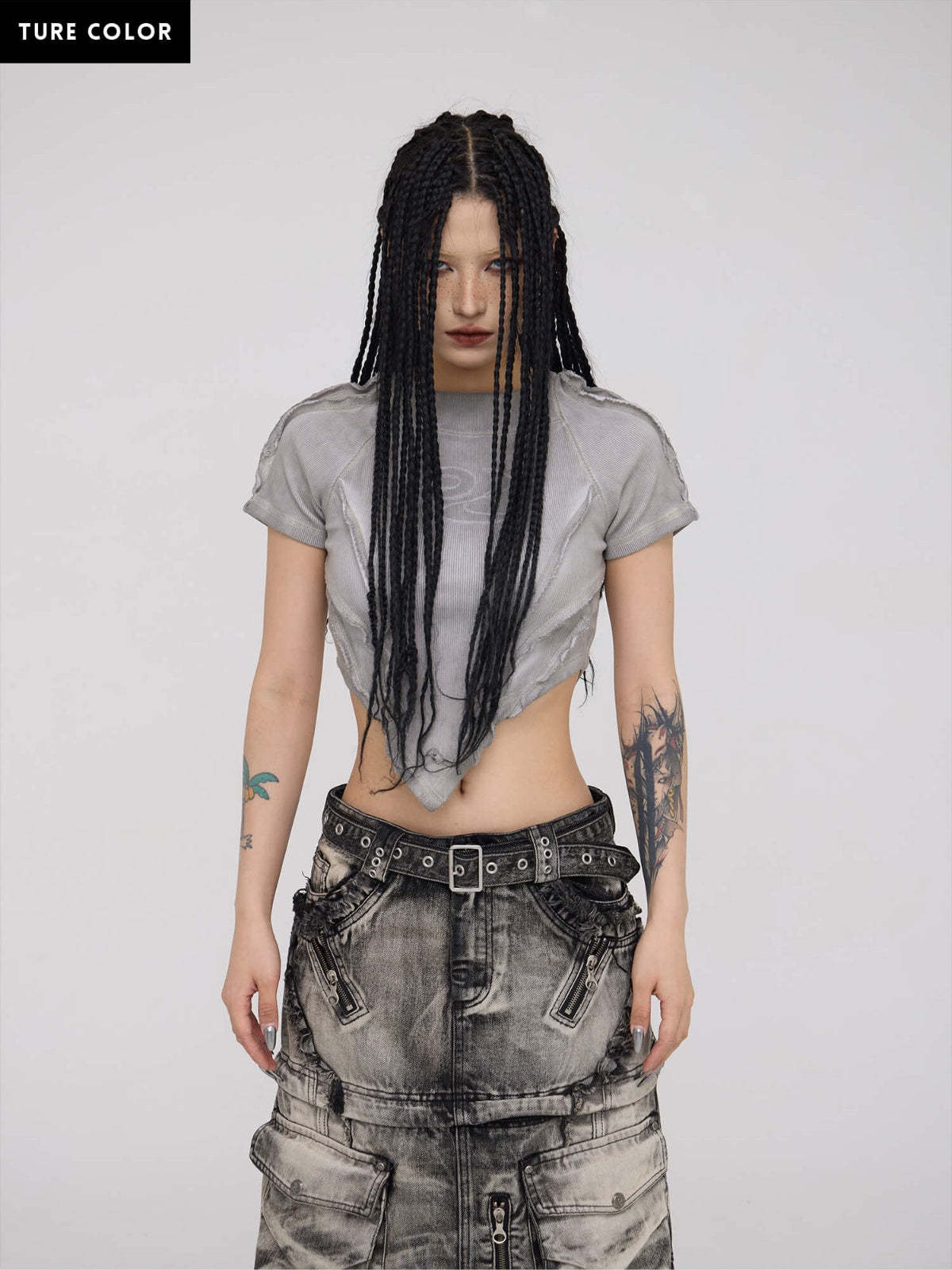 Personsoul Grey V-hem Slim Crop Top-IYAMIUIO