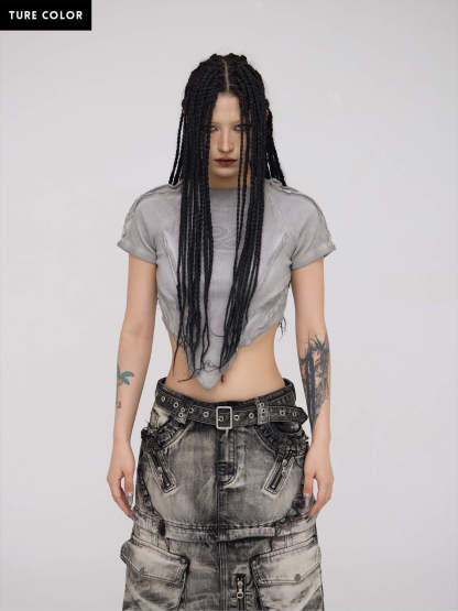 Personsoul Grey V-hem Slim Crop Top-IYAMIUIO