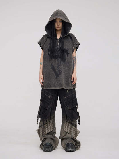 Personsoul Button Collar Hooded Sleeveless Sweatshirt-IYAMIUIO