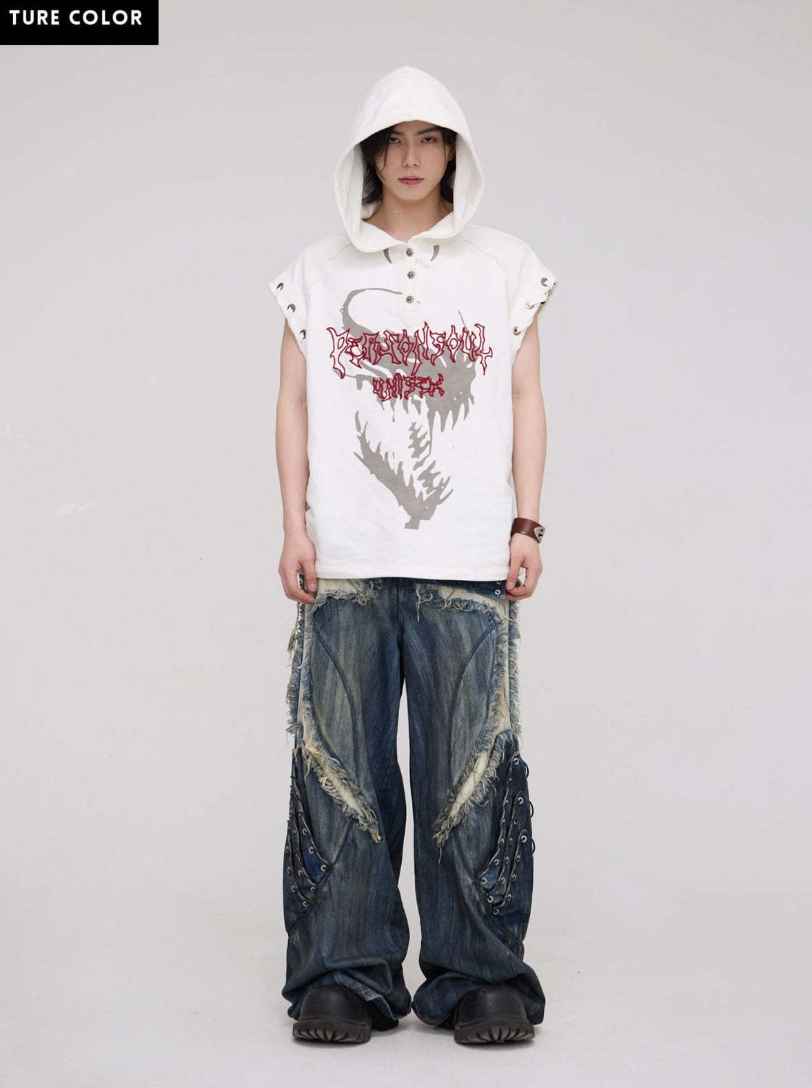 Personsoul Button Collar Hooded Sleeveless Sweatshirt-IYAMIUIO