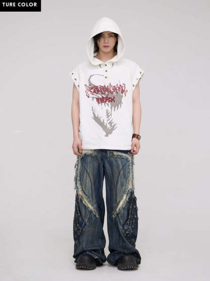 Personsoul Button Collar Hooded Sleeveless Sweatshirt-IYAMIUIO