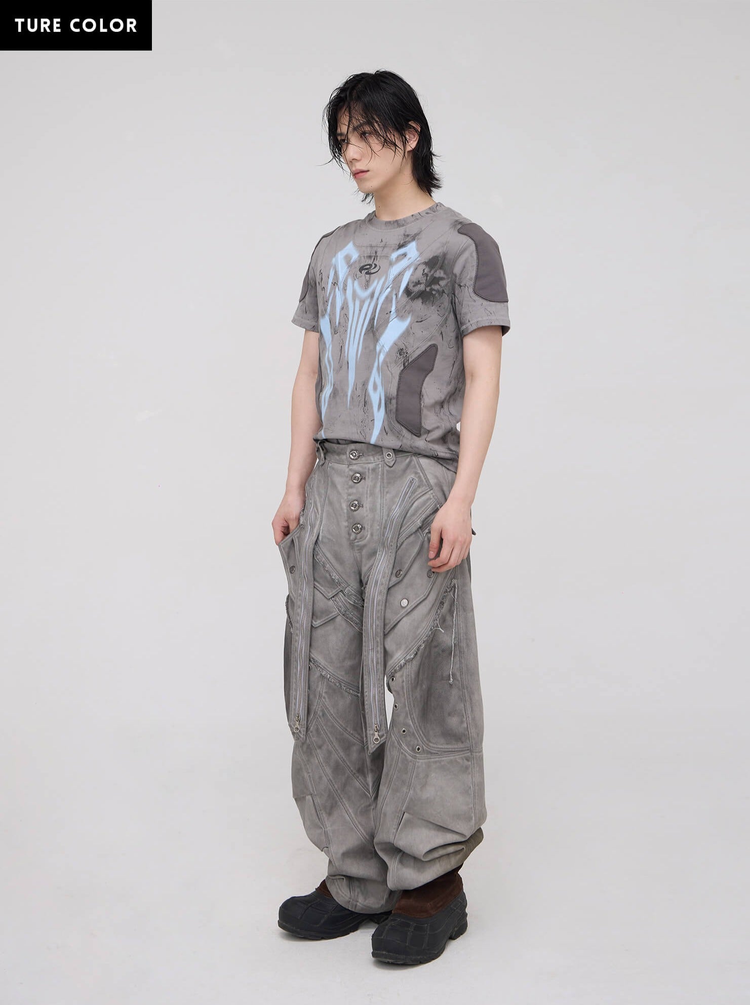 Personsoul Split Deconstructed Gray Cargo Pants-IYAMIUIO