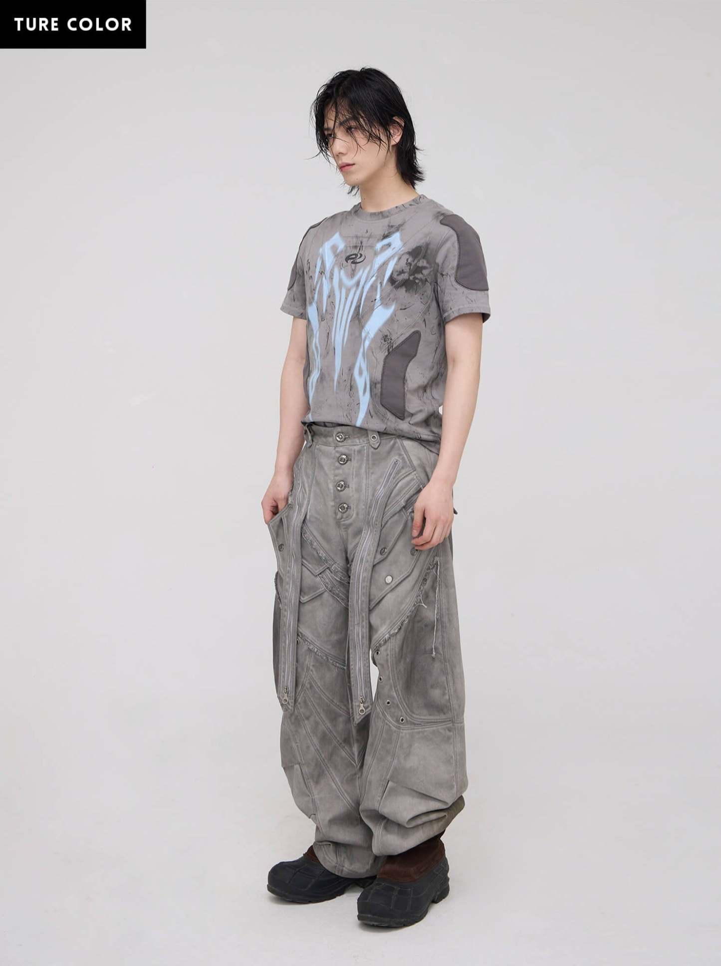 Personsoul Split Deconstructed Gray Cargo Pants-IYAMIUIO