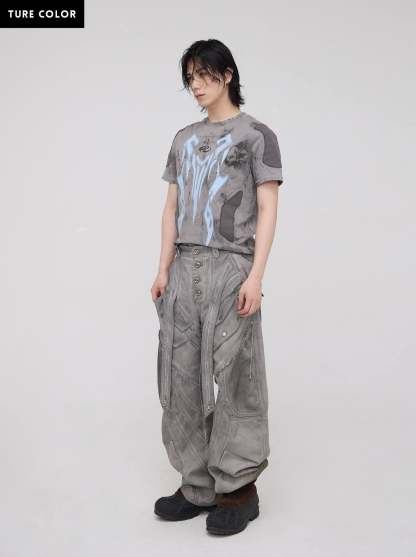 Personsoul Split Deconstructed Gray Cargo Pants-IYAMIUIO
