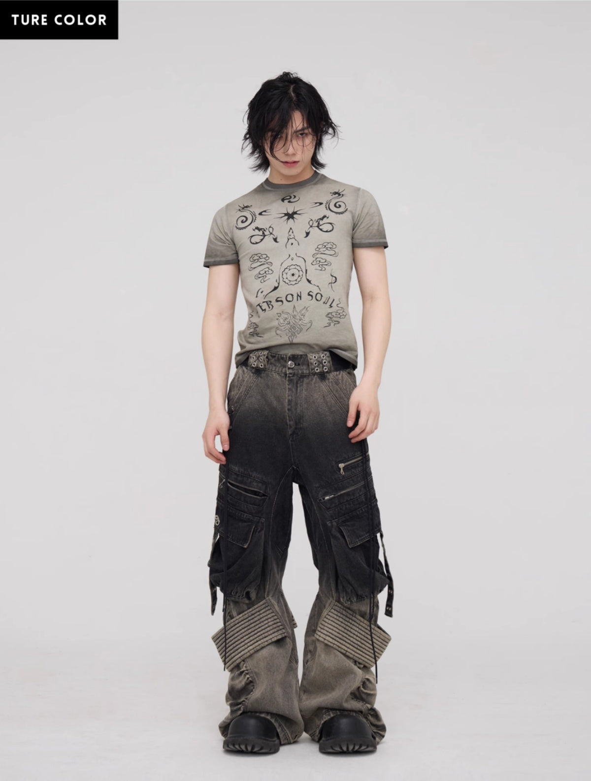 Personsoul Desert Distressed Denim Cargo Pants-IYAMIUIO