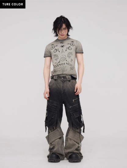 Personsoul Desert Distressed Denim Cargo Pants-IYAMIUIO
