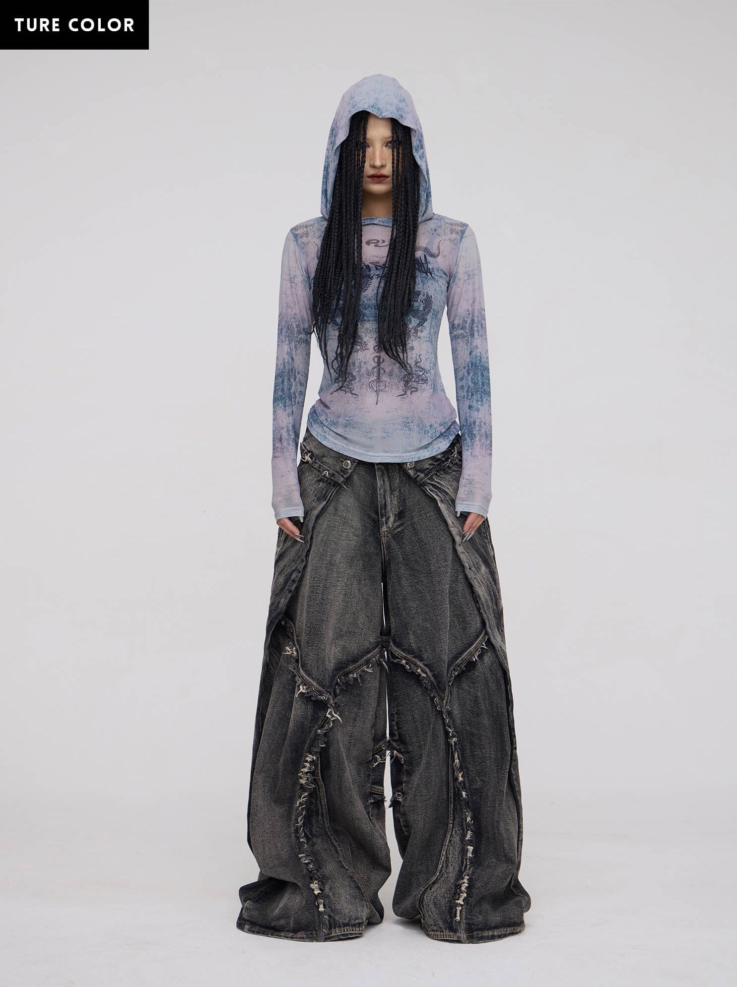 Personsoul Dragon Print Hooded Mesh Long Sleeve Top-IYAMIUIO