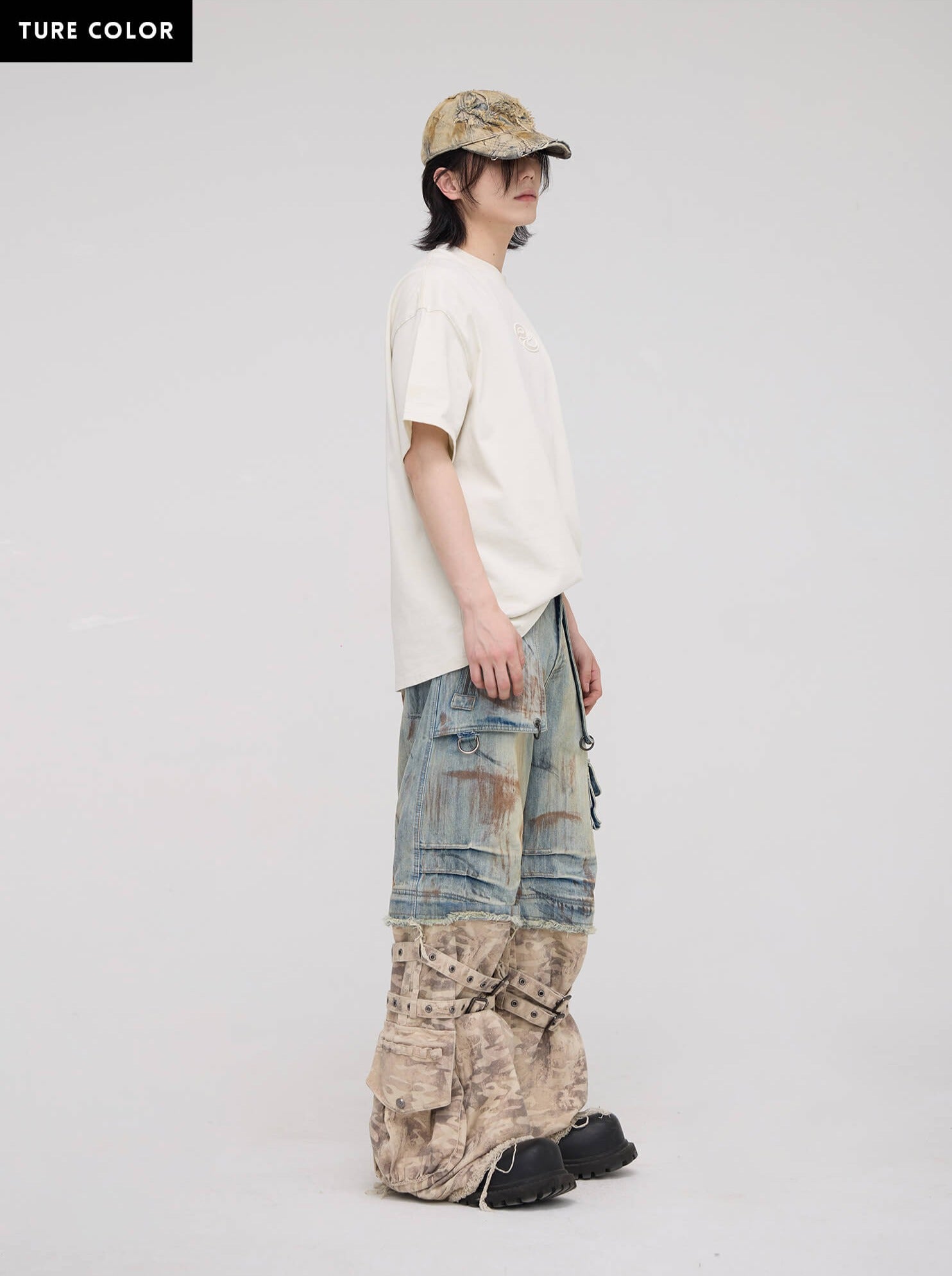 Personsoul Detachable Paneled Camo Baggy Jeans-IYAMIUIO