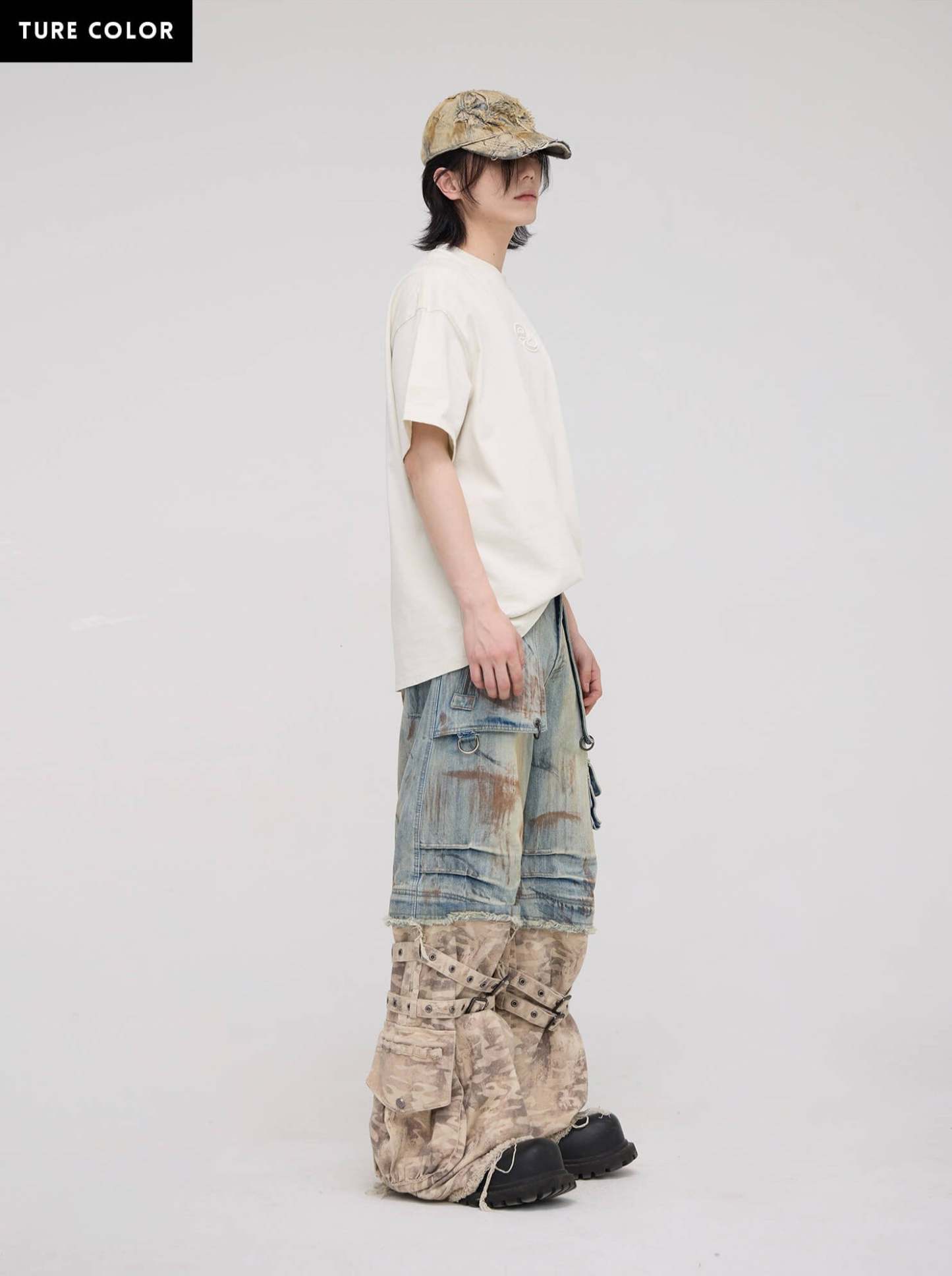 Personsoul Detachable Paneled Camo Baggy Jeans-IYAMIUIO