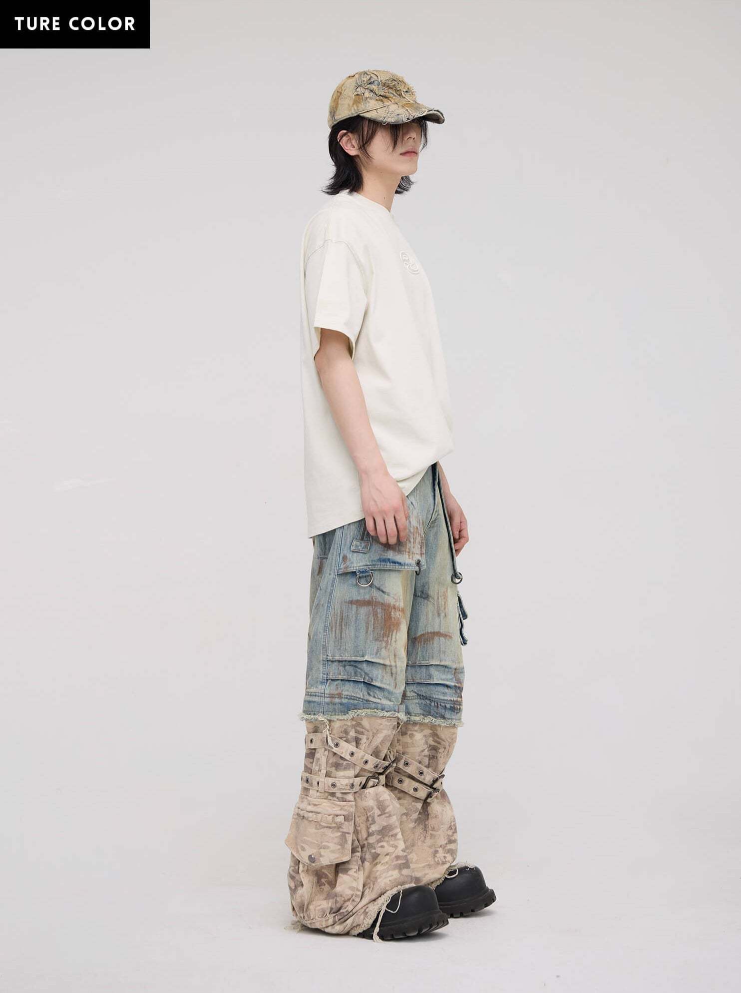 Personsoul Detachable Paneled Camo Baggy Jeans-IYAMIUIO