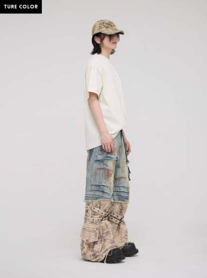 Personsoul Detachable Paneled Camo Baggy Jeans-IYAMIUIO
