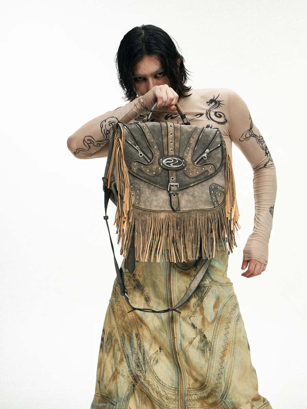 Personsoul Heavy-Duty Fringe Leather Messenger-IYAMIUIO