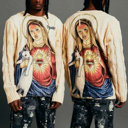 Mother Mary Cable Knit Sweater (Cream)-IYAMIUIO