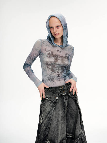 Personsoul Dragon Print Hooded Mesh Long Sleeve Top-IYAMIUIO