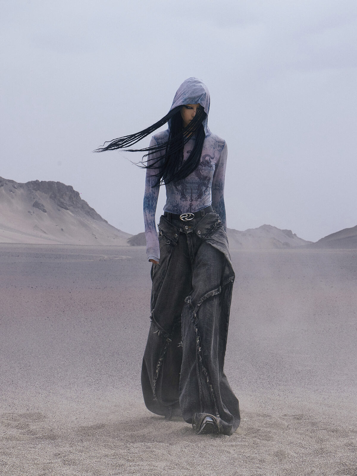 Personsoul Dragon Print Hooded Mesh Long Sleeve Top-IYAMIUIO