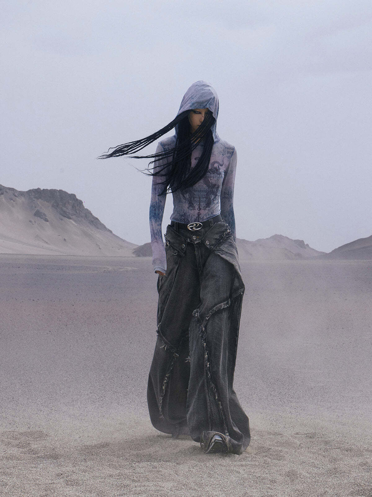 Personsoul Dragon Print Hooded Mesh Long Sleeve Top-IYAMIUIO