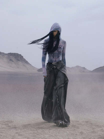 Personsoul Dragon Print Hooded Mesh Long Sleeve Top-IYAMIUIO