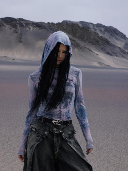 Personsoul Dragon Print Hooded Mesh Long Sleeve Top-IYAMIUIO