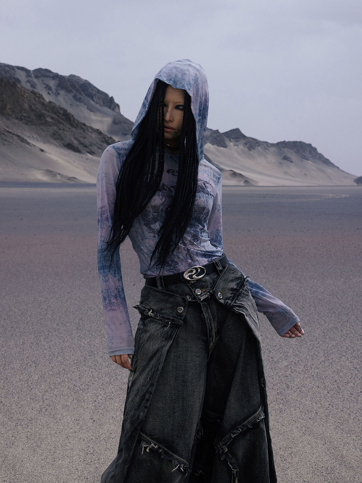 Personsoul Dragon Print Hooded Mesh Long Sleeve Top-IYAMIUIO