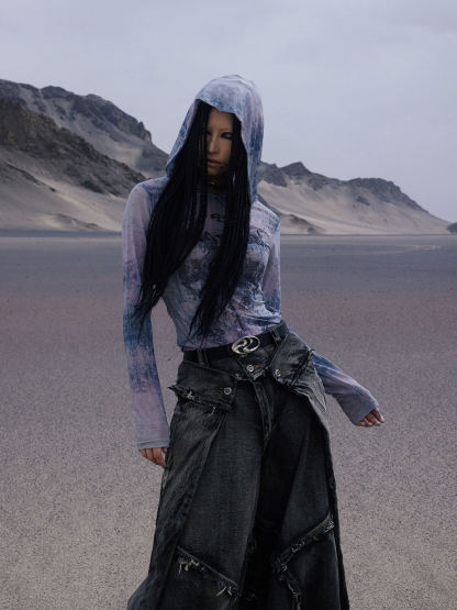 Personsoul Dragon Print Hooded Mesh Long Sleeve Top-IYAMIUIO