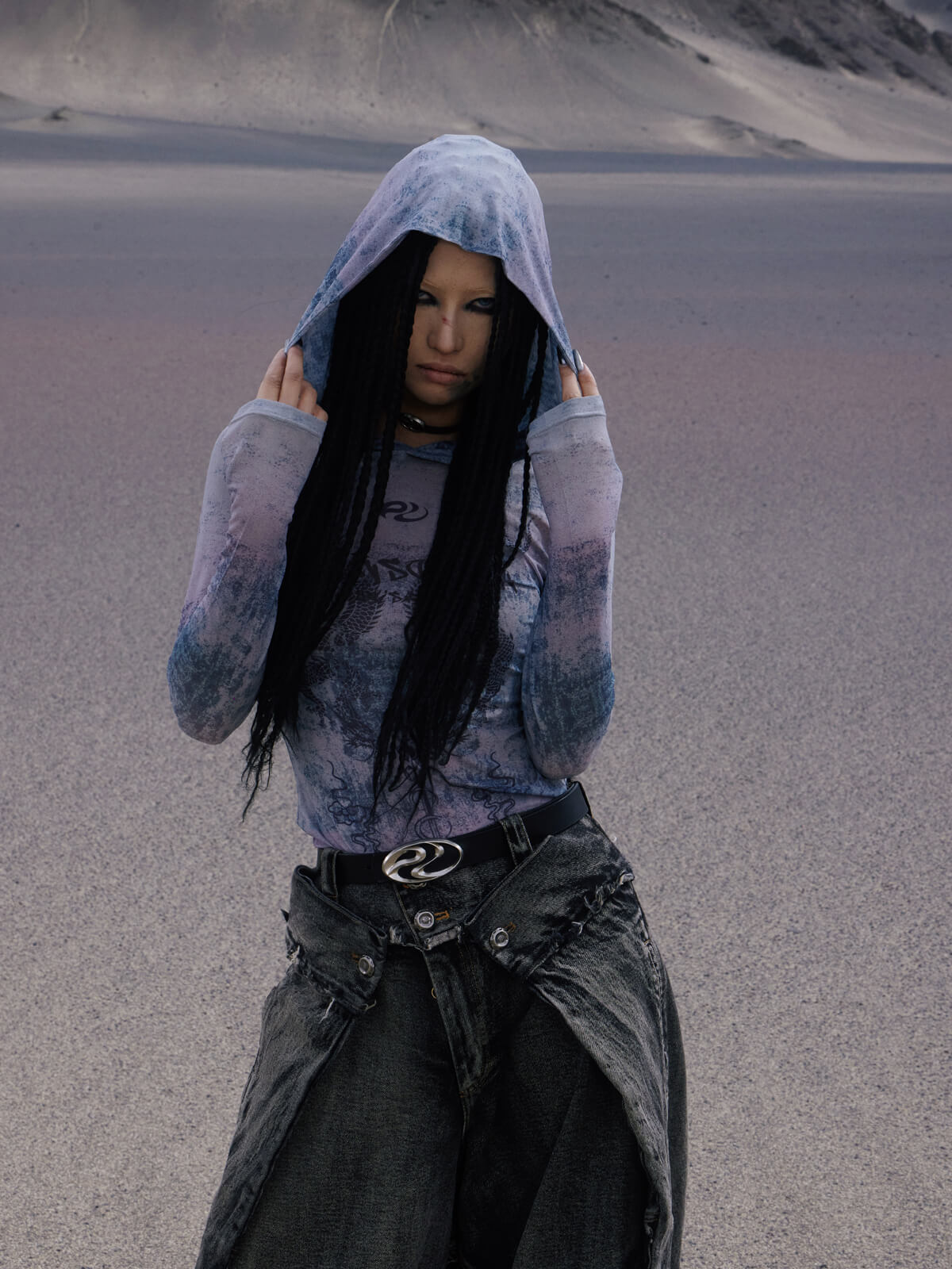 Personsoul Dragon Print Hooded Mesh Long Sleeve Top-IYAMIUIO