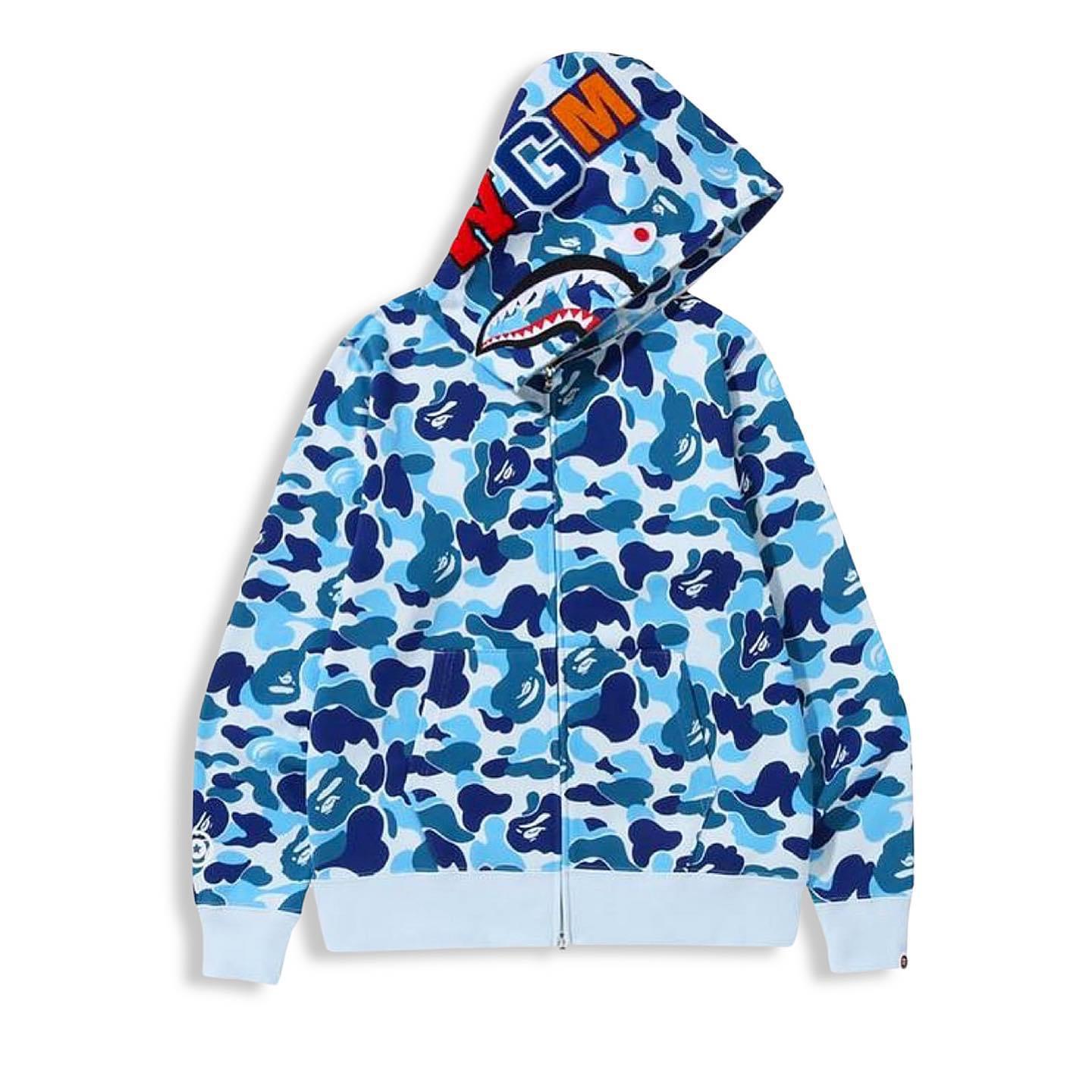 A bathing ape Big ABC Blue Camo Shark Full Zip Hoodie.-IYAMIUIO