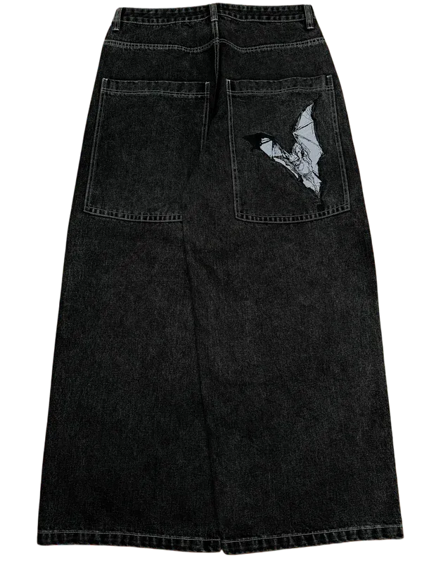 Black Wideleg  Bat Jeans-IYAMIUIO