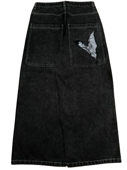 Black Wideleg  Bat Jeans-IYAMIUIO