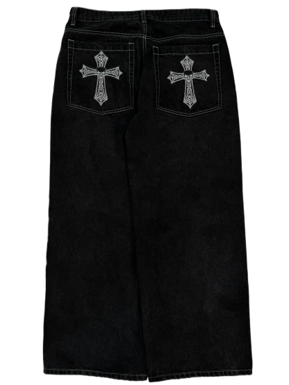 Black Skull Cross  Jeans-IYAMIUIO