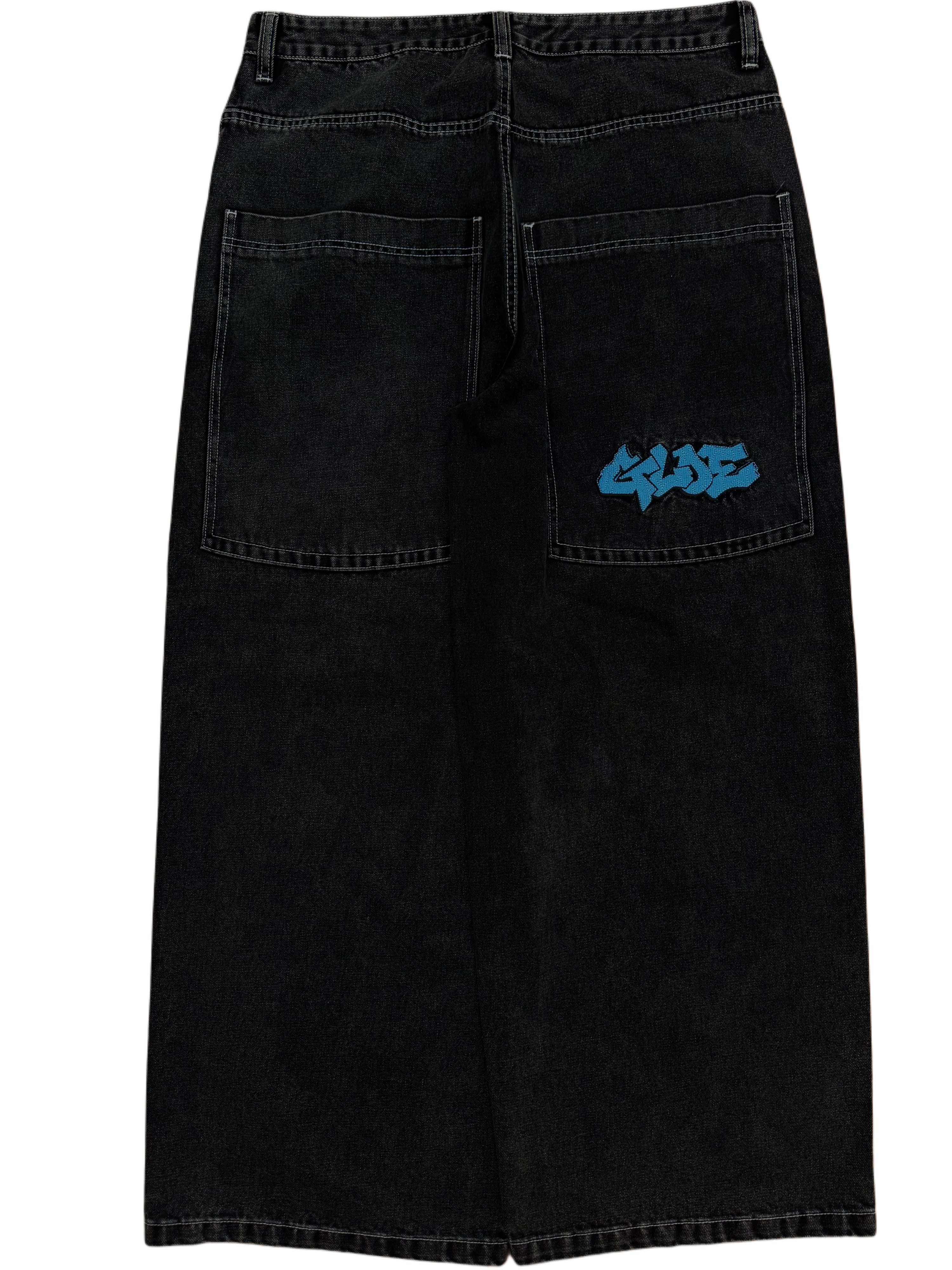 Black Wide Leg GLOE Spell Out Jeans-IYAMIUIO