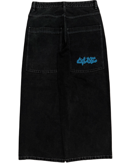 Black Wide Leg GLOE Spell Out Jeans-IYAMIUIO