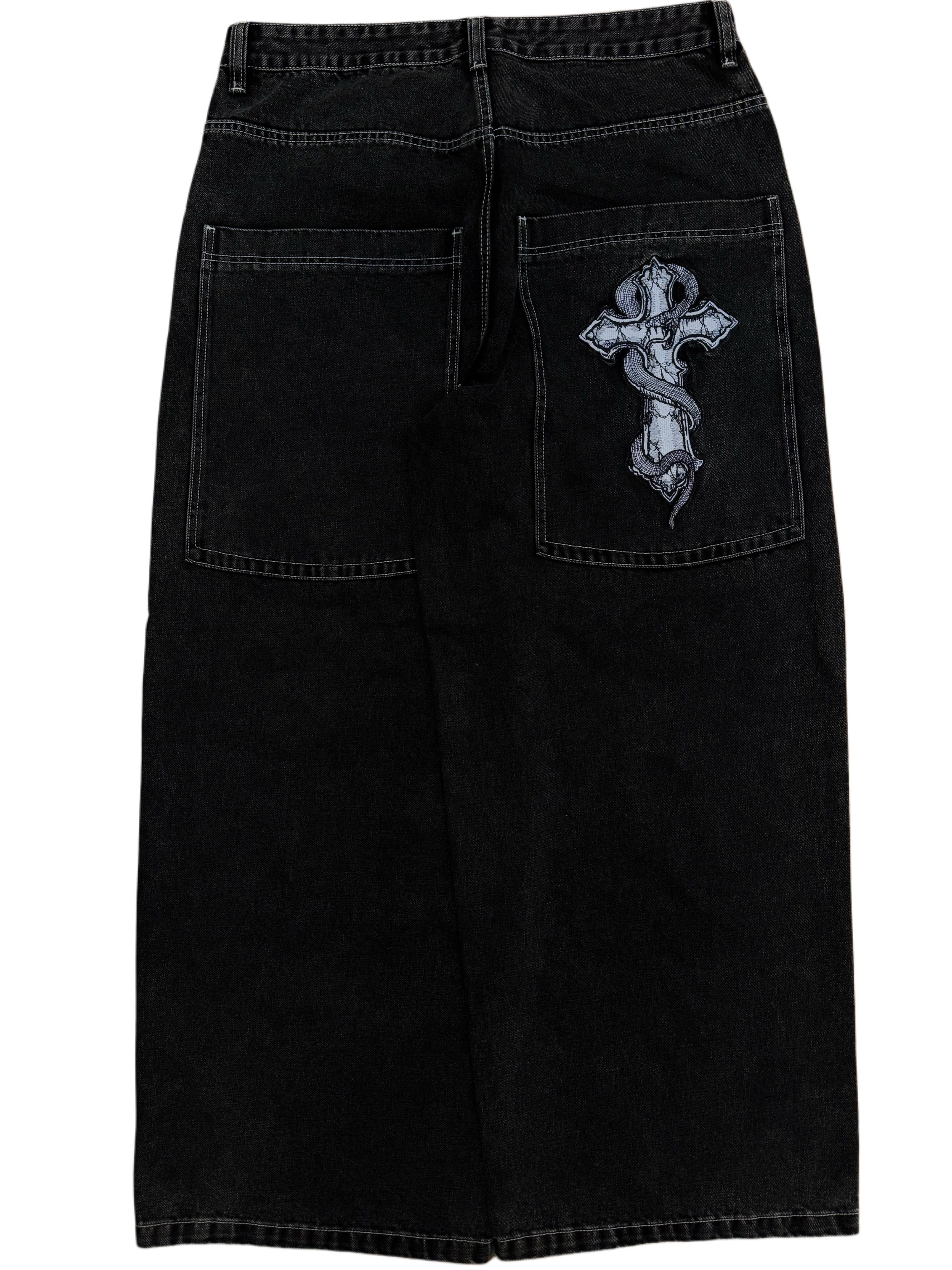 Black Wide Leg GLOE Snake Cross Jeans-IYAMIUIO