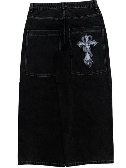 Black Wide Leg GLOE Snake Cross Jeans-IYAMIUIO