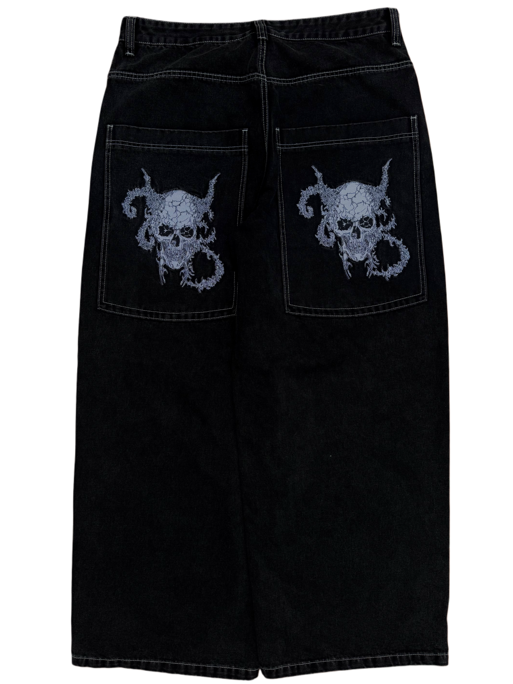 Black Wide Leg GLOE Skull Jeans-IYAMIUIO