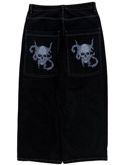 Black Wide Leg GLOE Skull Jeans-IYAMIUIO