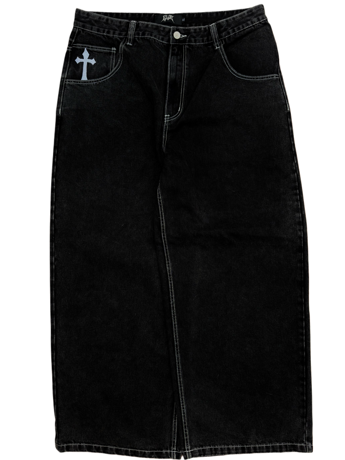 Black Wide Leg GLOE Skull Jeans-IYAMIUIO