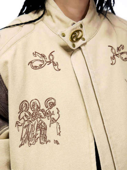 Personsoul Leather Patchwork Cotton Jacket-IYAMIUIO