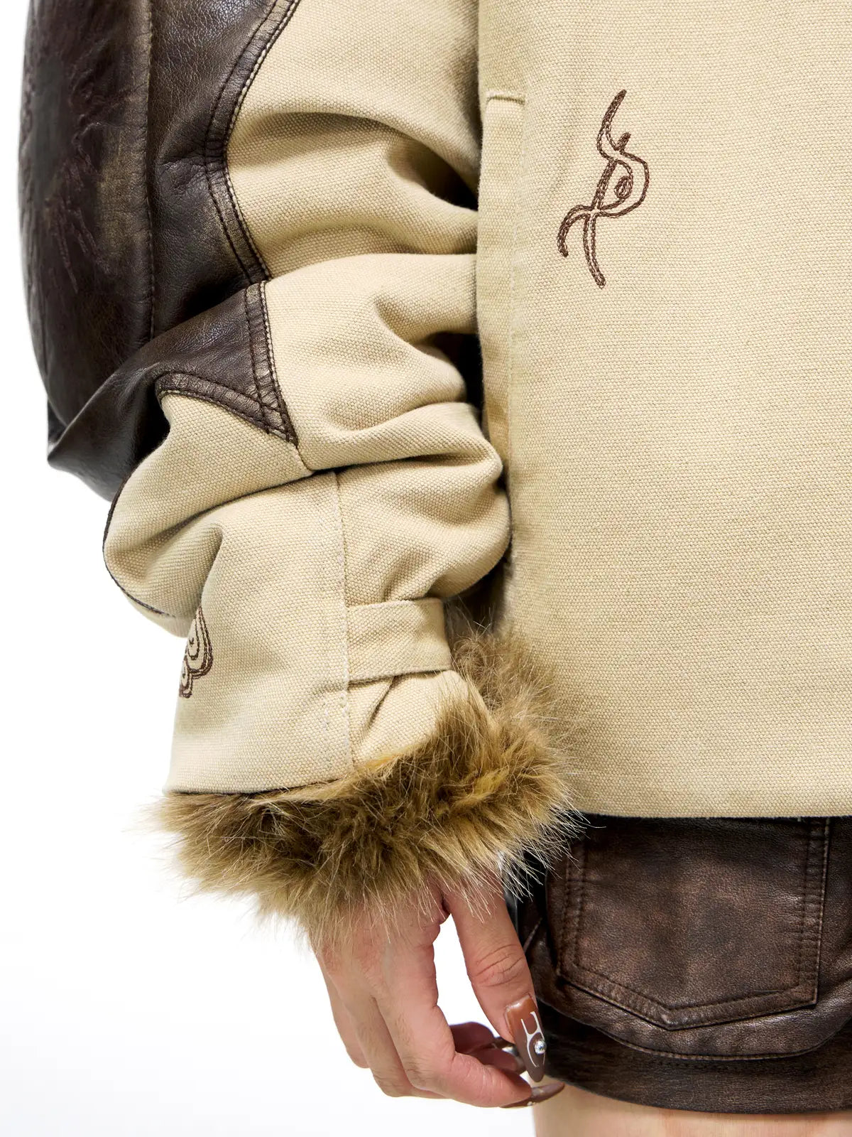 Personsoul Leather Patchwork Cotton Jacket-IYAMIUIO