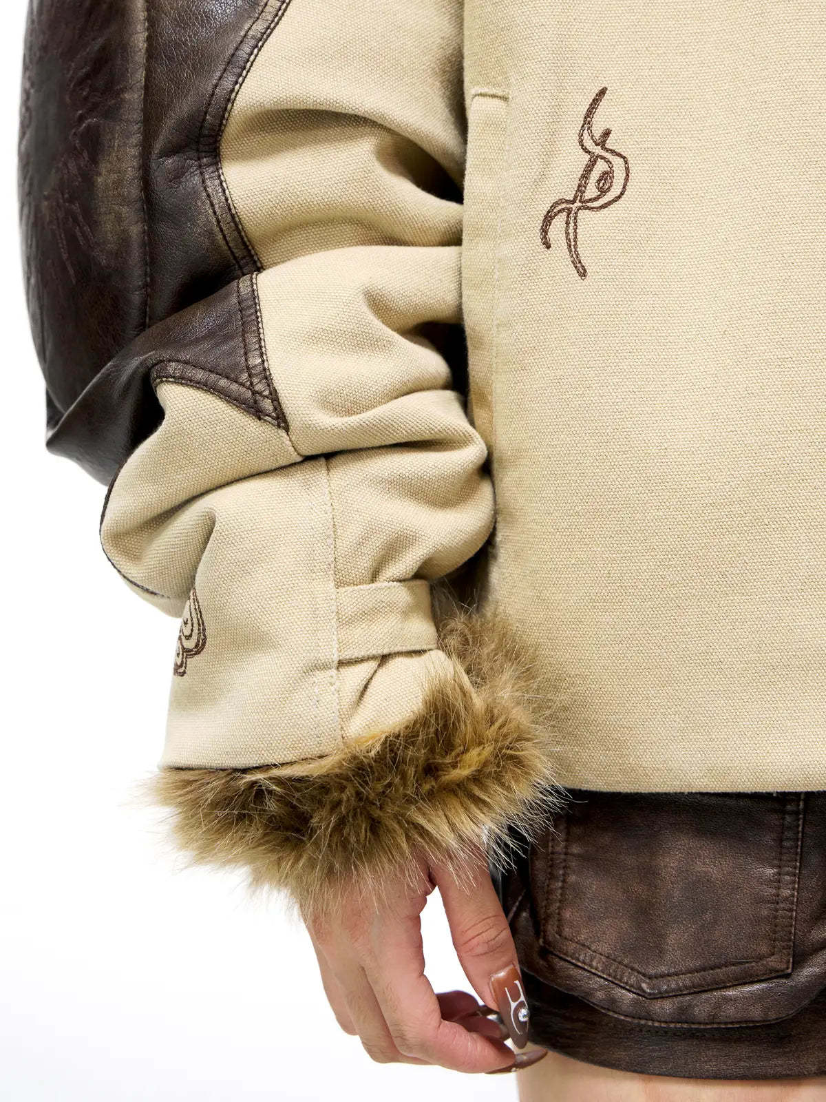 Personsoul Leather Patchwork Cotton Jacket-IYAMIUIO