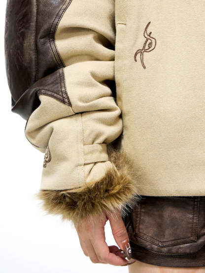 Personsoul Leather Patchwork Cotton Jacket-IYAMIUIO