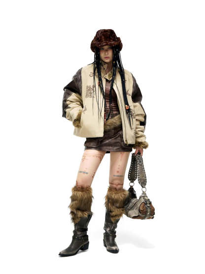 Personsoul Leather Patchwork Cotton Jacket-IYAMIUIO