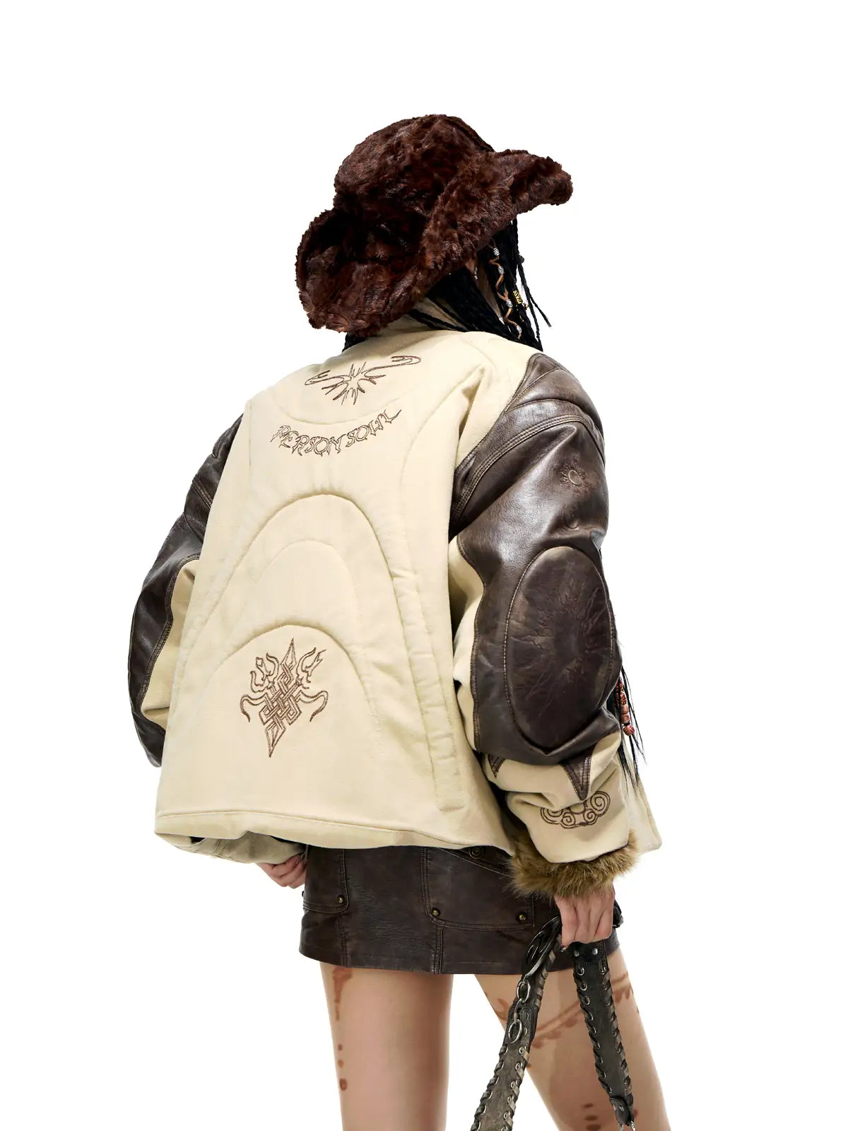 Personsoul Leather Patchwork Cotton Jacket-IYAMIUIO