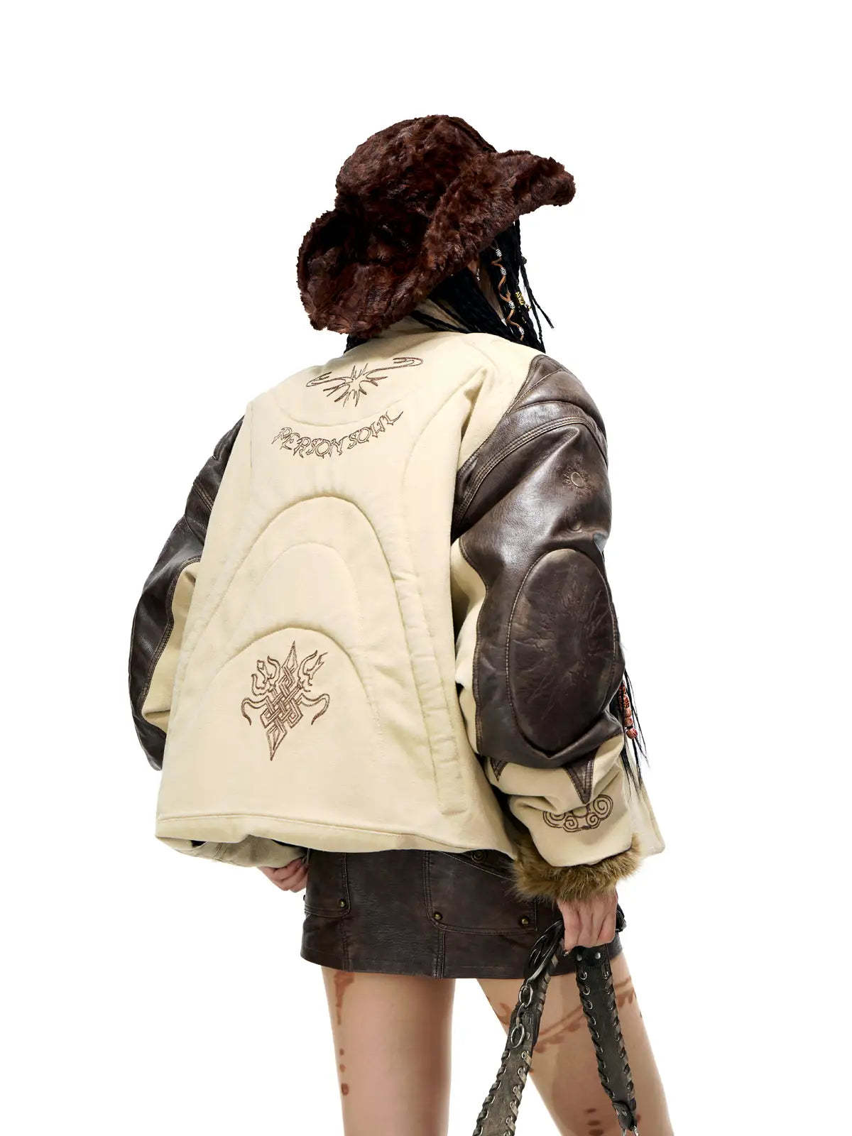 Personsoul Leather Patchwork Cotton Jacket-IYAMIUIO