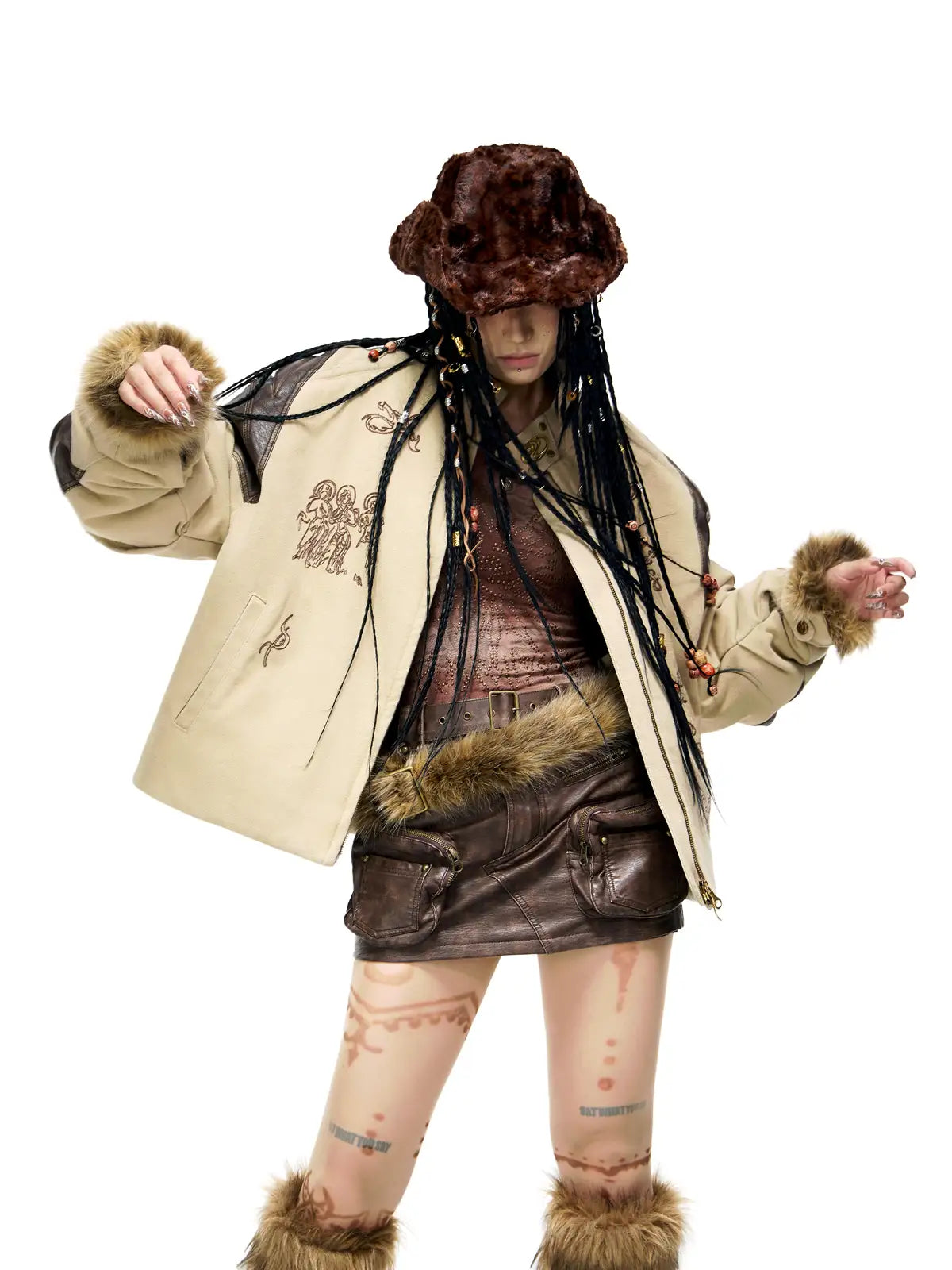 Personsoul Leather Patchwork Cotton Jacket-IYAMIUIO