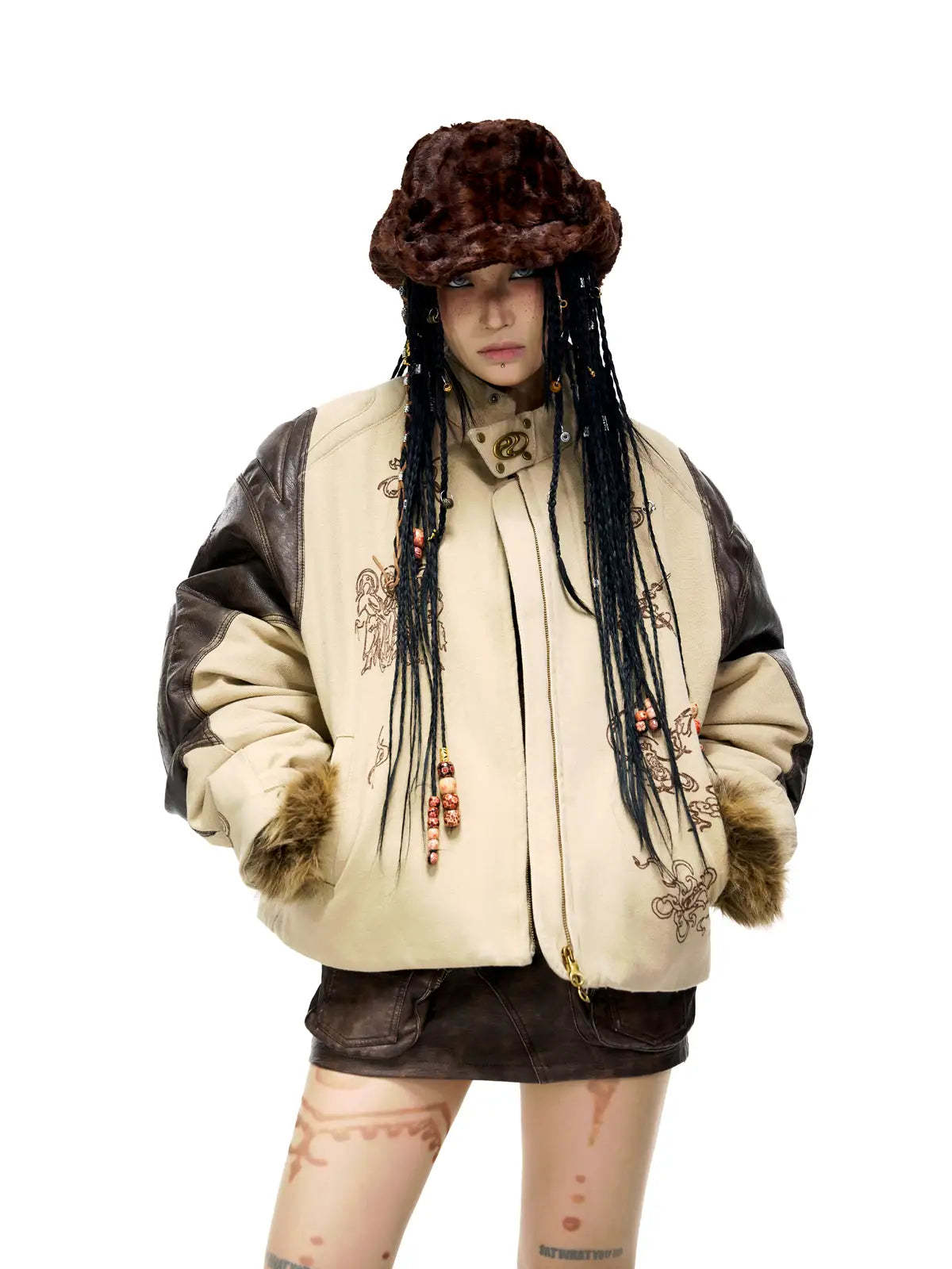 Personsoul Leather Patchwork Cotton Jacket-IYAMIUIO