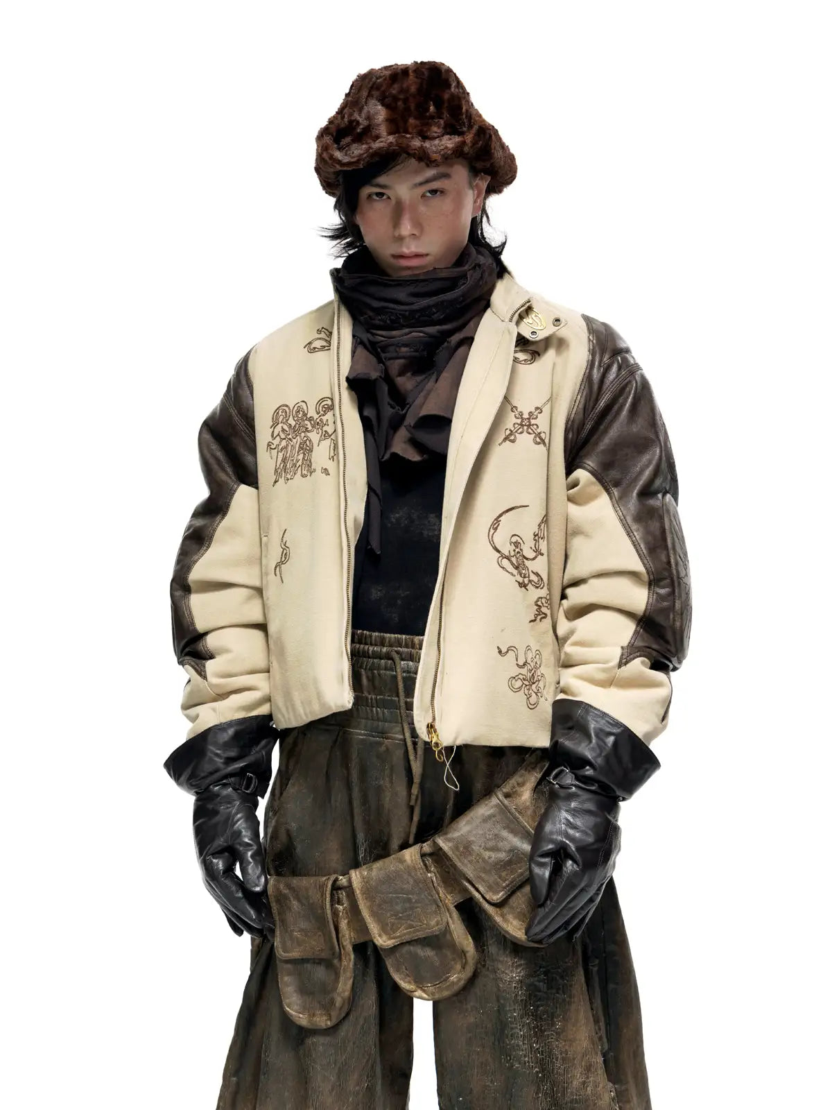 Personsoul Leather Patchwork Cotton Jacket-IYAMIUIO