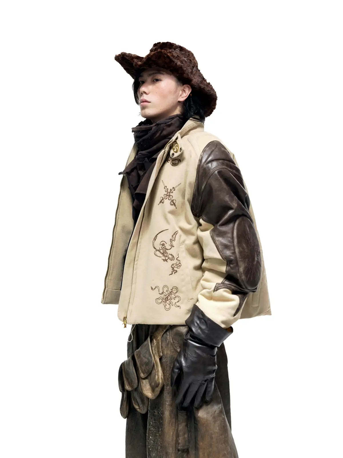 Personsoul Leather Patchwork Cotton Jacket-IYAMIUIO