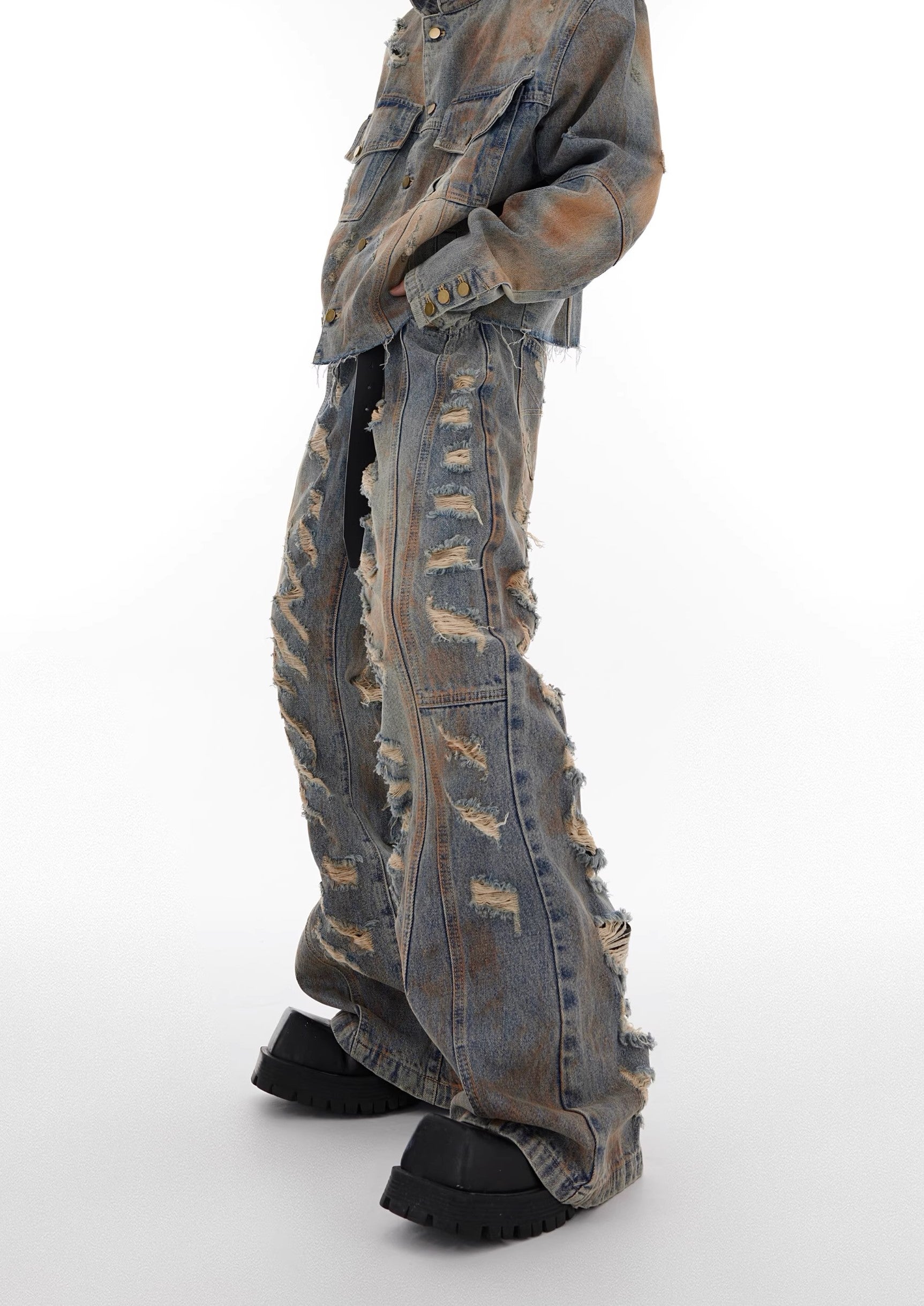 【23s August.】Distressed Denim Jacket Ripped Jeans-IYAMIUIO